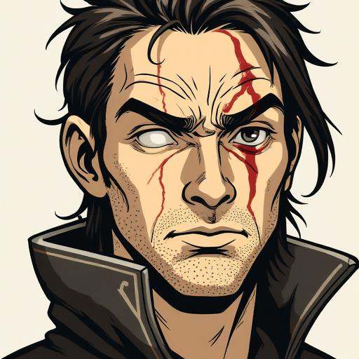Illustration that features a man with a single blind eye,  the right eye of the character is blind on Tensor.Art