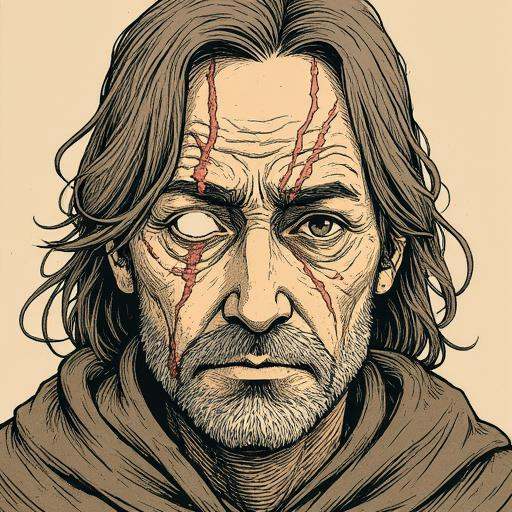 Illustration that features a man with a single blind eye,  the right eye of the character is blind on Tensor.Art