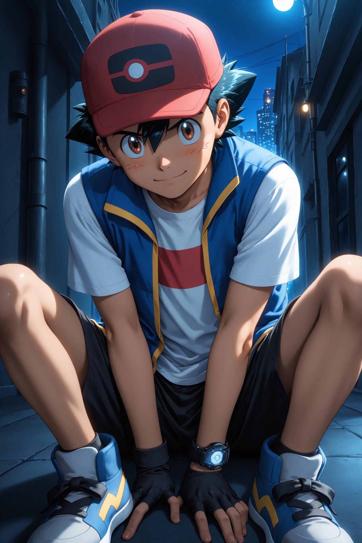Ash Ketchum from Pokémon Journeys sitting on grassy hill at night,  stargazing with calm expression,  wearing red cap on T...