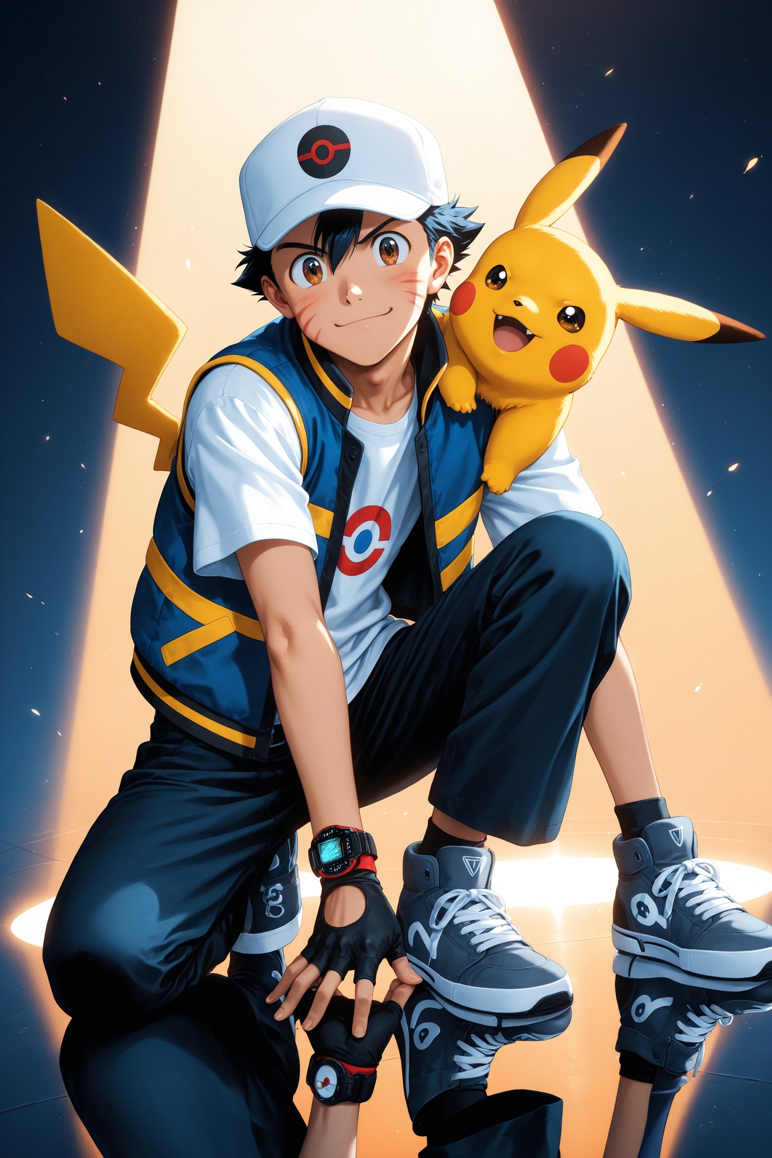 solo male boy,  teenage anime boy with spiky black hair and zigzag cheek marks,  wearing red and white cap with circular s...