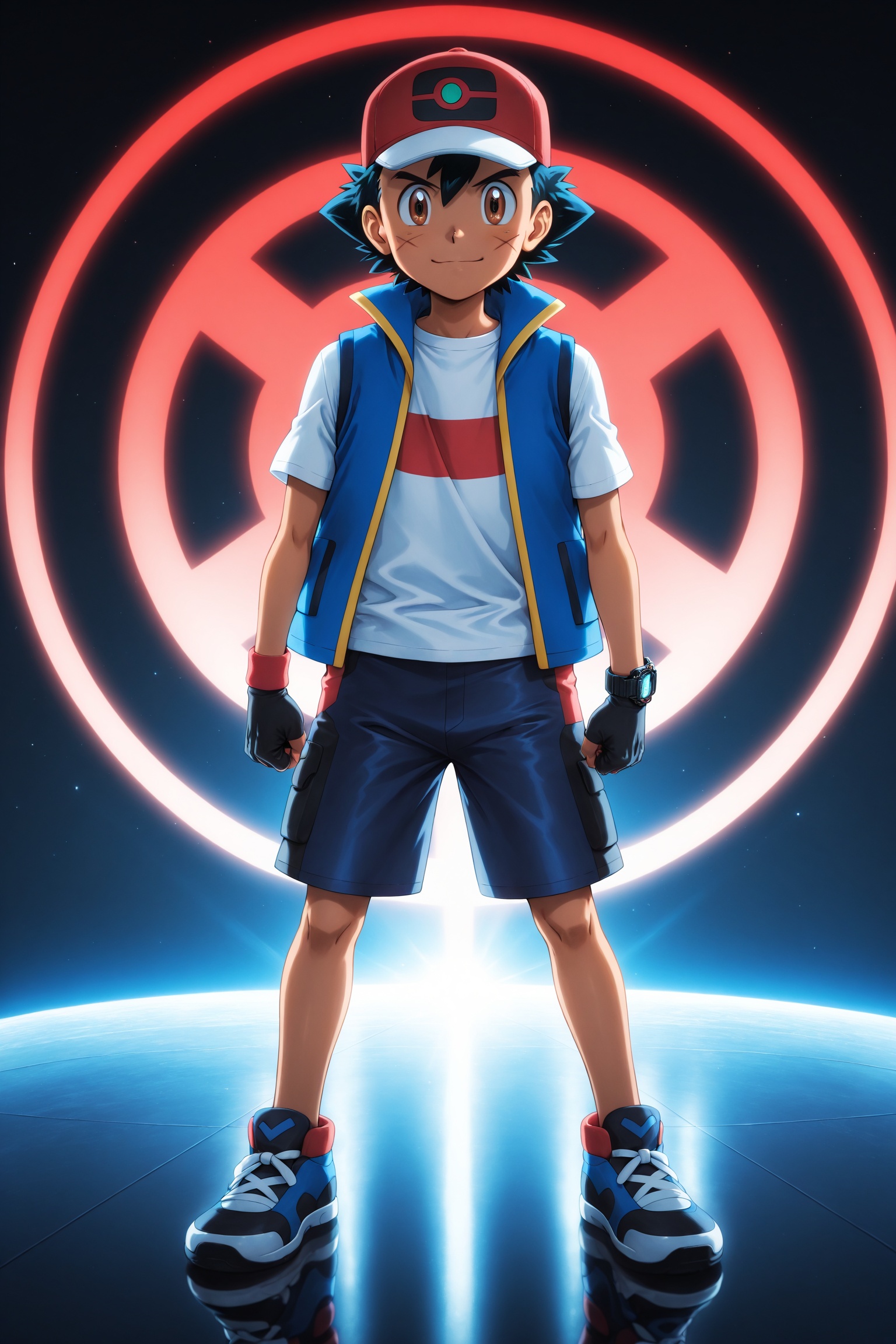 Ash Ketchum from Pokémon Journeys,  anime pre-teenage boy with spiky black hair,  brown eyes on Tensor.Art