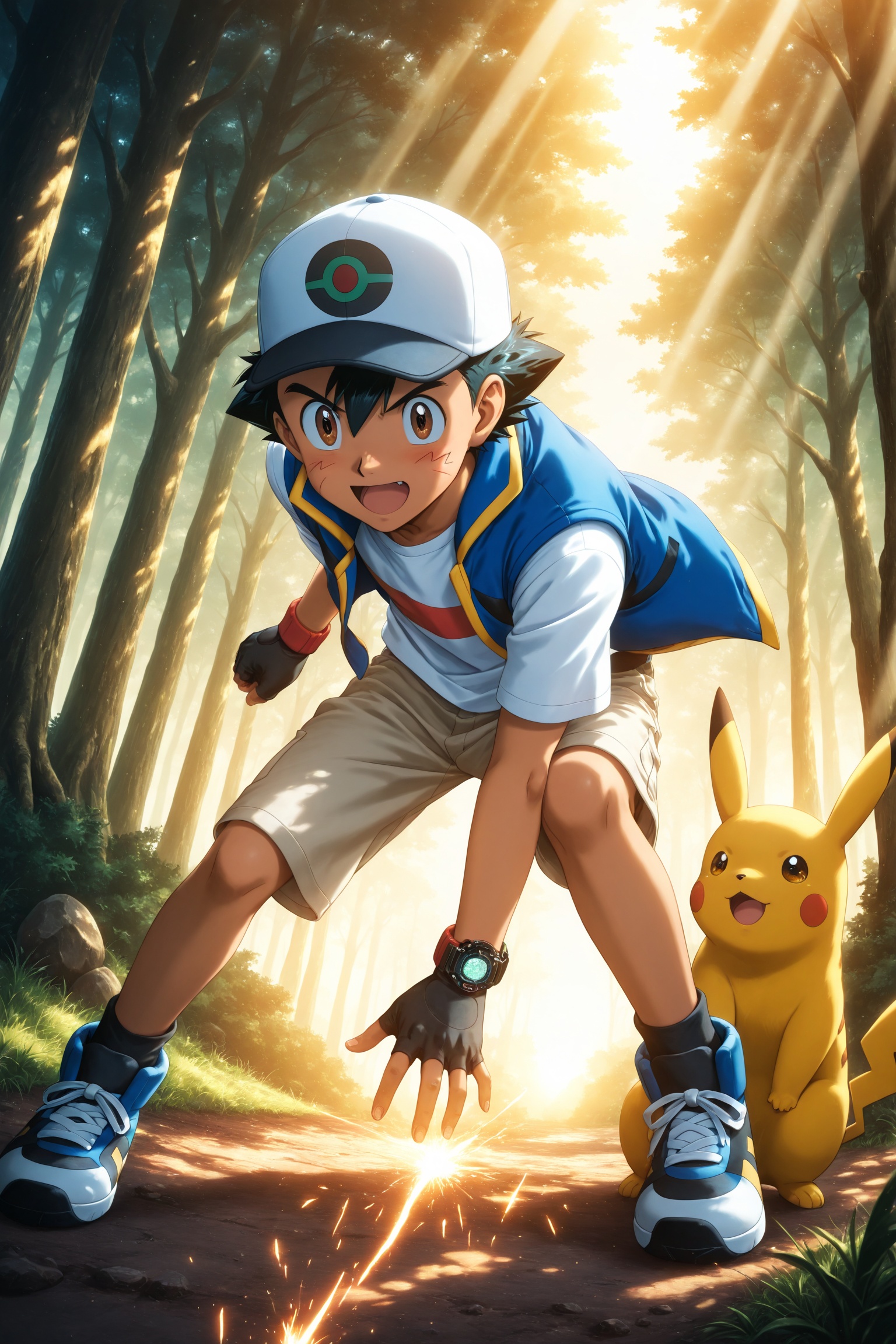 teenage anime boy Ash Ketchum with spiky black hair and zigzag cheek marks,  wearing red and white cap,  blue vest with ye...