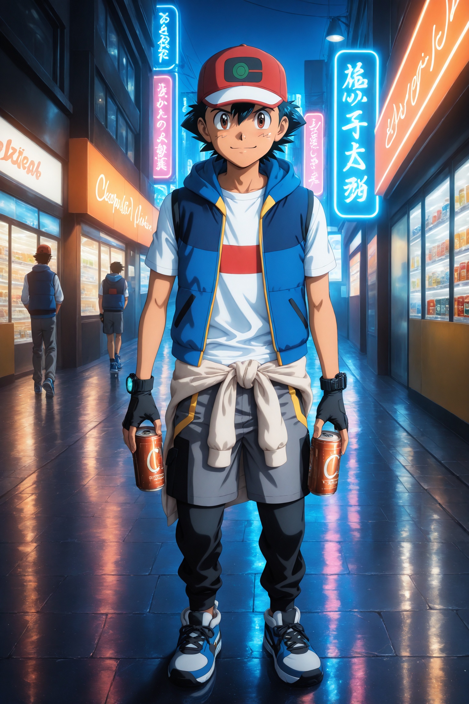 Ash Ketchum casually walking out of a small Japanese convenience store at night,  holding a canned drink,  blue neon light...