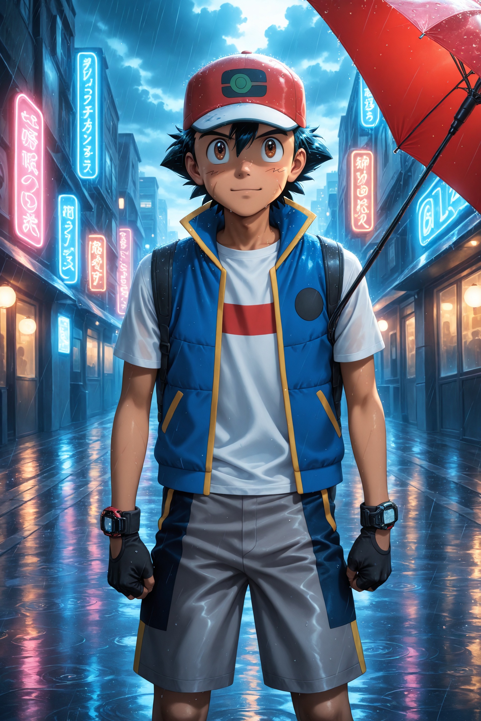 anime boy Ash Ketchum standing under red umbrella in the rain,  wearing classic blue vest and cap,  face and clothes with...
