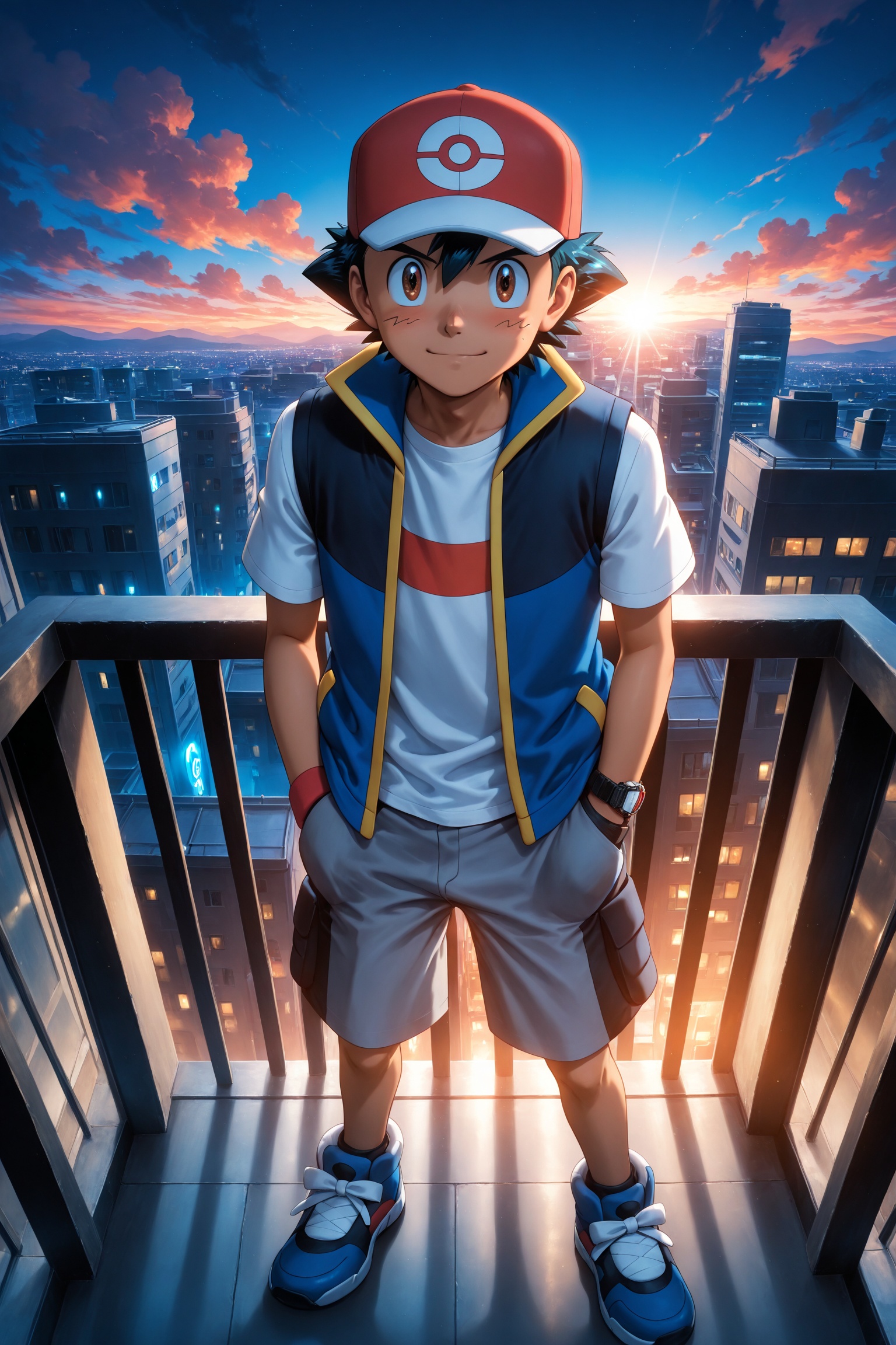 anime boy Ash Ketchum from Pokémon,  standing alone on tall rooftop overlooking glowing evening city,  hands in pockets on...