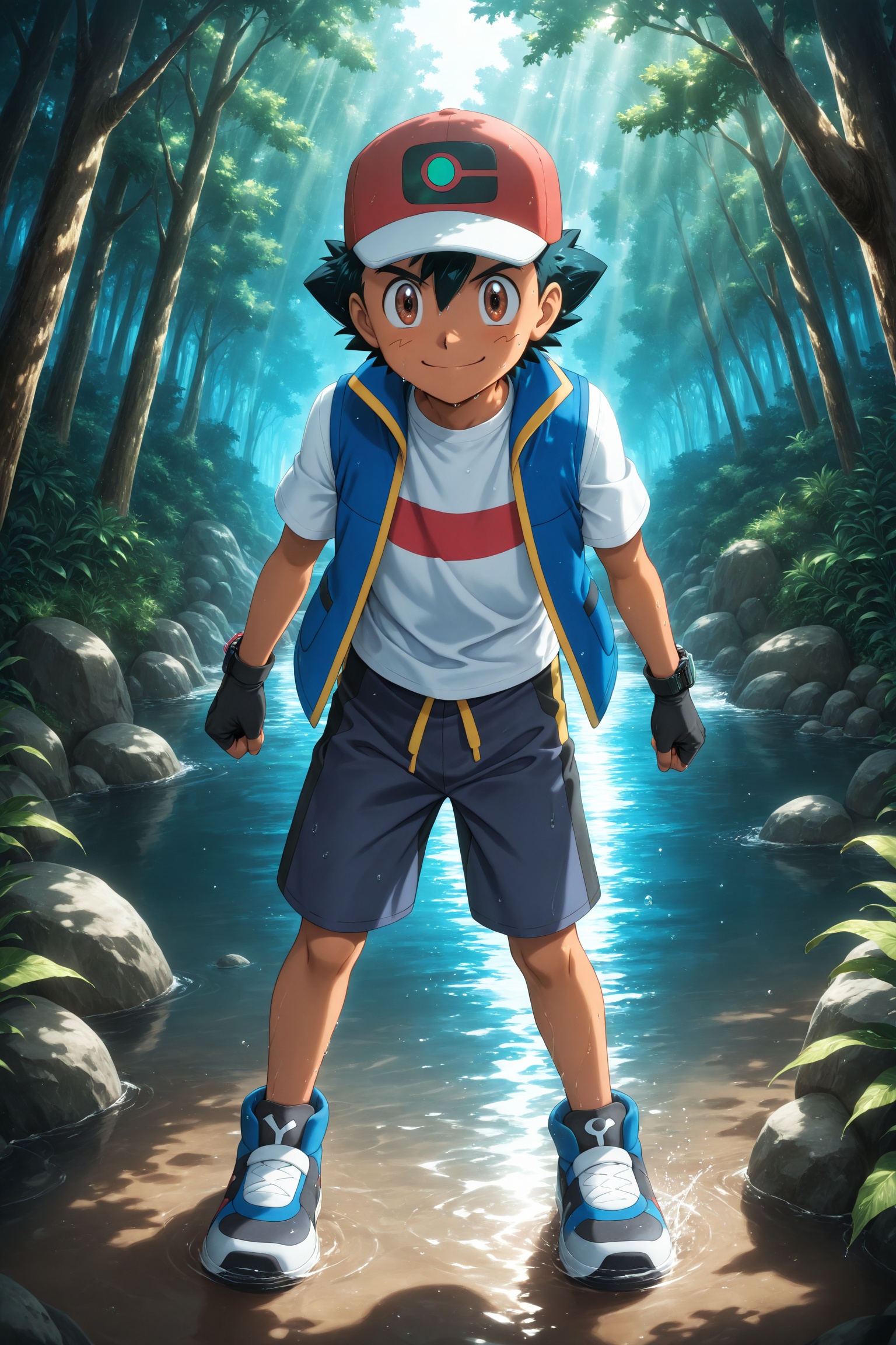 Ash Ketchum from Pokémon Journeys,  anime boy with spiky black hair and red cap,  swimming in a clear forest river on Tens...