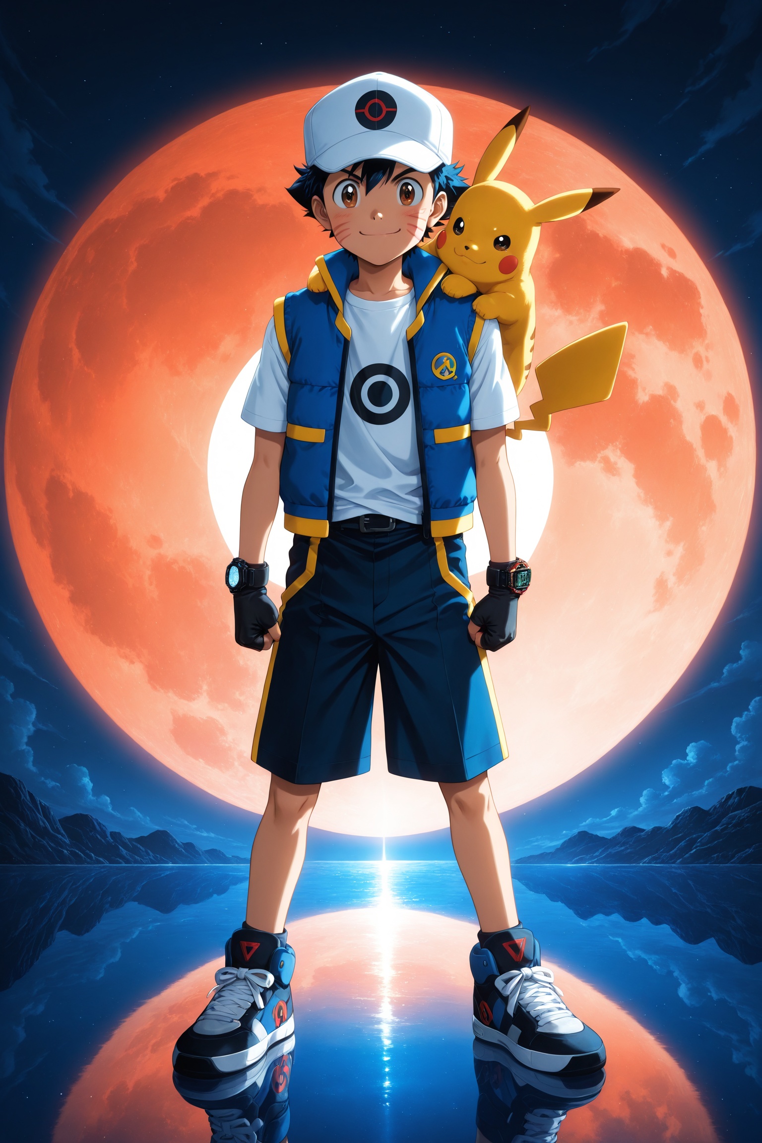solo male boy,  teenage anime boy with spiky black hair and zigzag cheek marks,  wearing red and white cap with circular s...