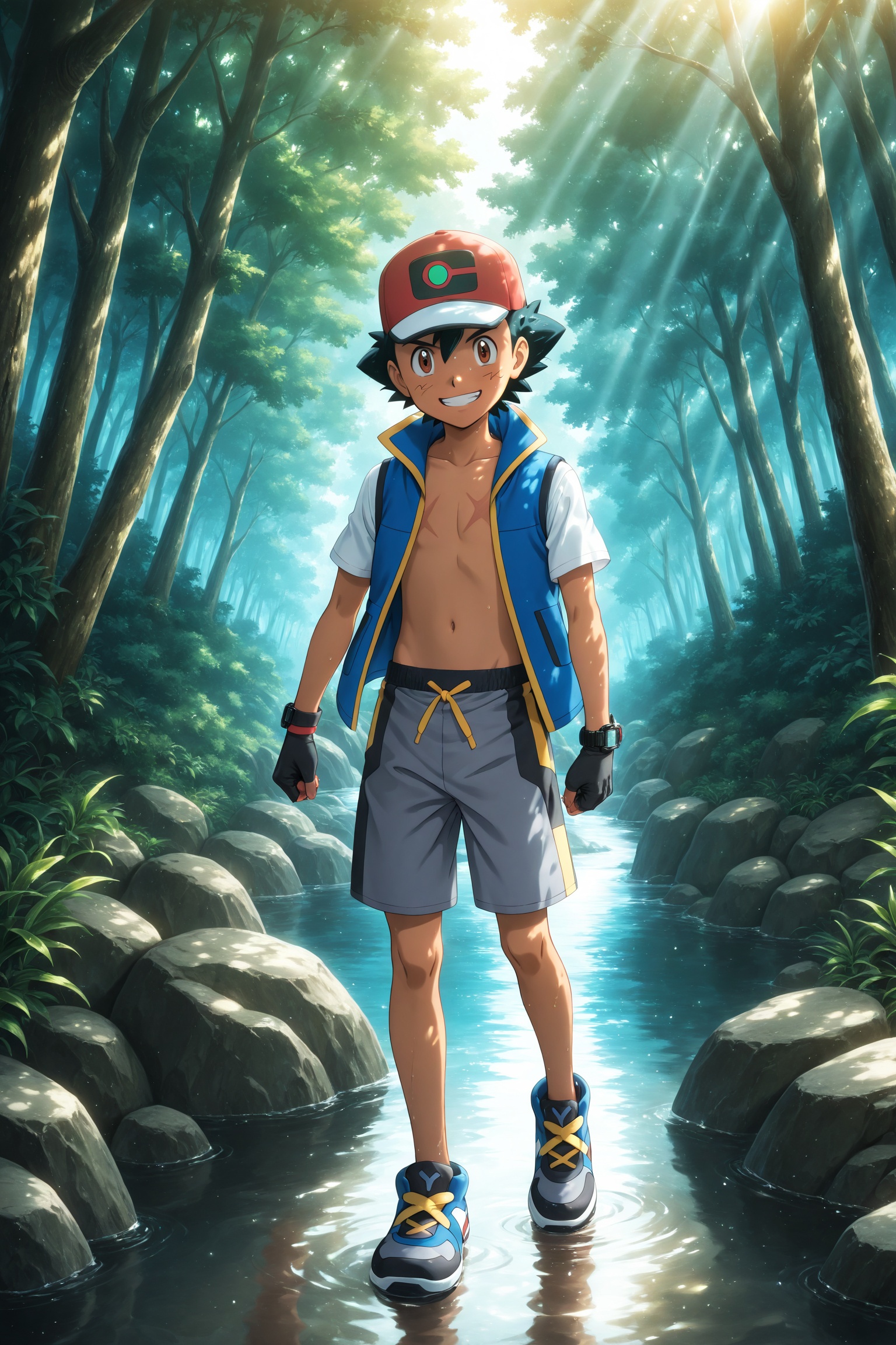Ash Ketchum from Pokémon Journeys,  anime boy with spiky black hair and red cap,  topless and barefoot on Tensor.Art