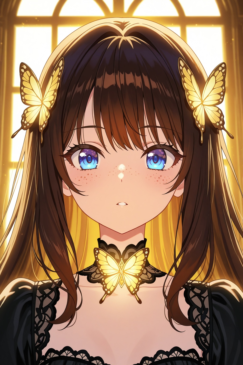 Stunning fantasy-style portrait of a young woman with long,  wavy dark brown hair adorned with golden and blue butterflies...