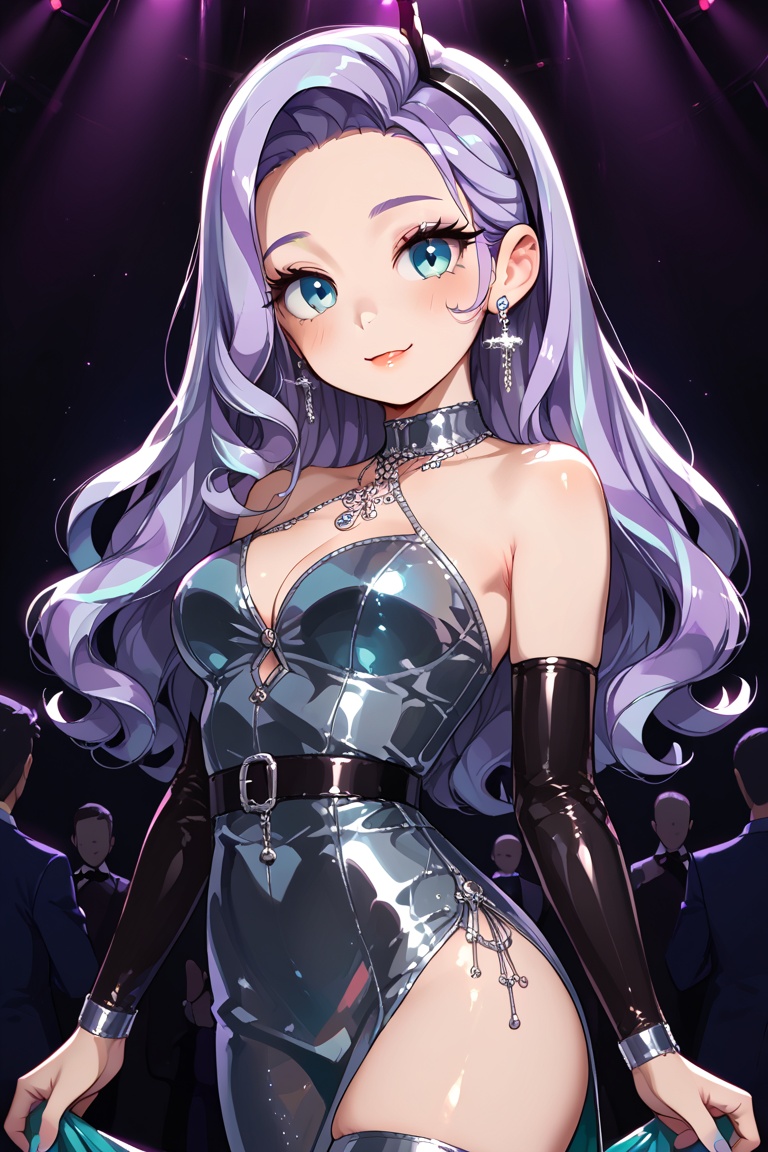 Glamorous nightclub singer with long dark curls,  shimmering blue velvet gown with bold thigh-high slit,  silver jewelry o...