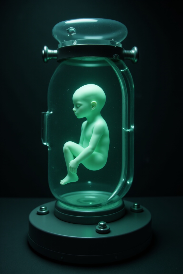The picture shows a futuristic transparent container containing an embryo. The container is illuminated with a greenish li...