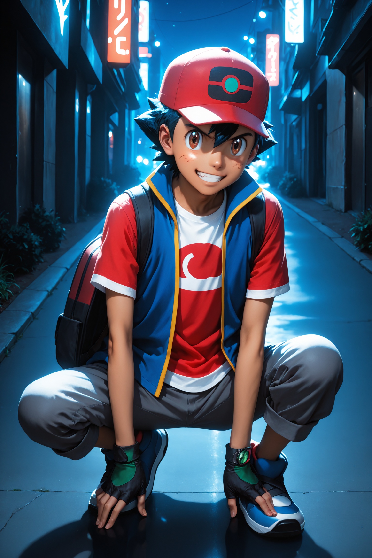 Ash Ketchum from Pokémon Journeys,  pre-teenage anime boy with spiky black hair with blue highlights,  deep brown multi-sh...