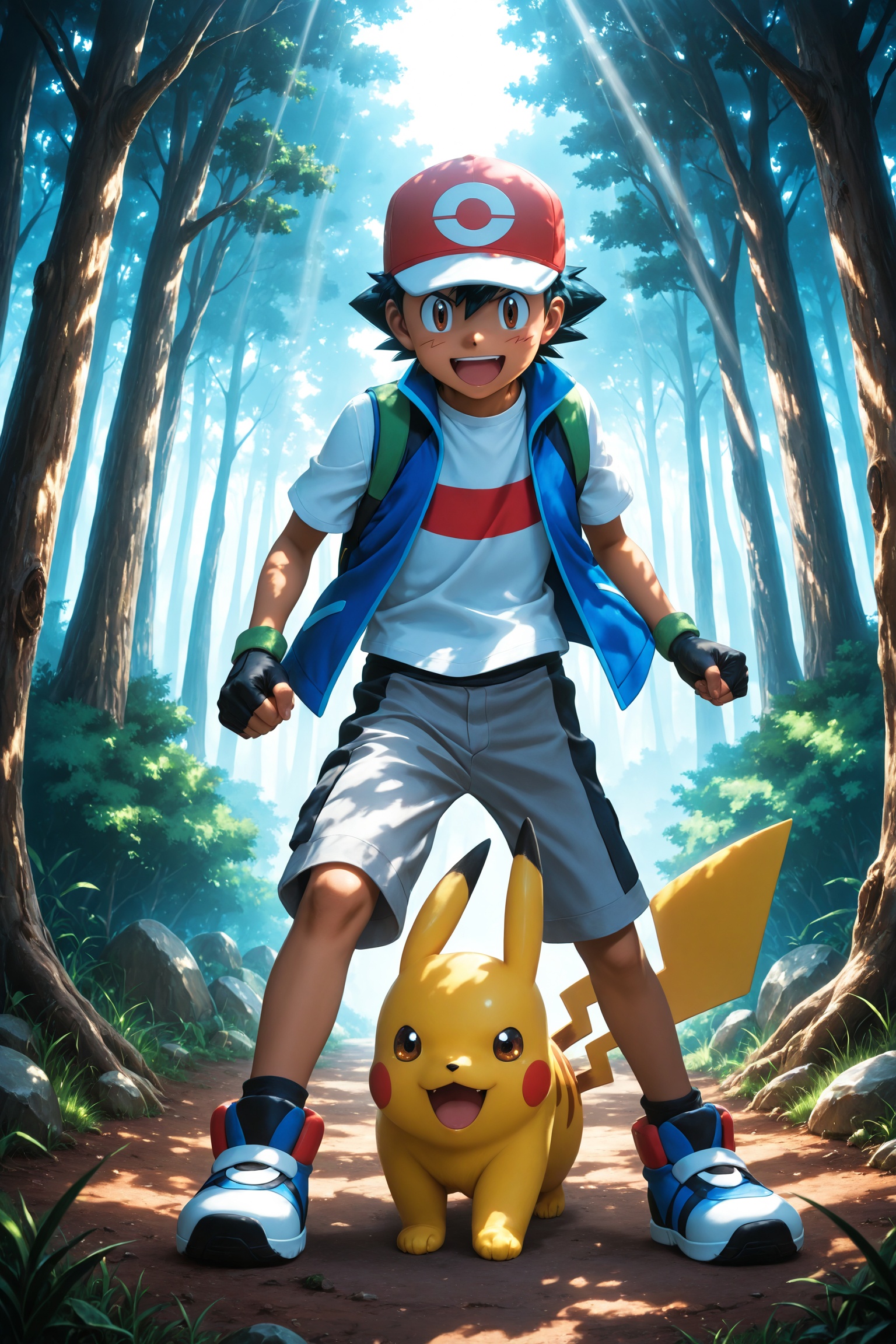 Ash Ketchum,  teenage anime boy with spiky black hair and zigzag cheek marks,  wears red and white cap on Tensor.Art