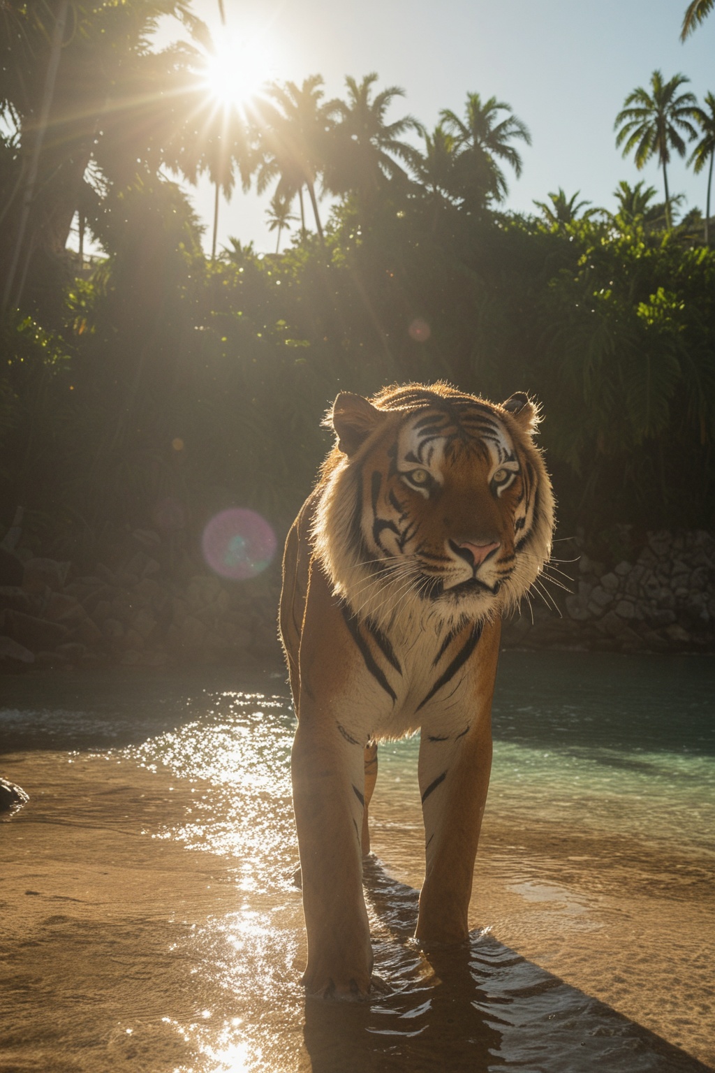 majestic tiger in water,  palm trees,  rocky shore on Tensor.Art