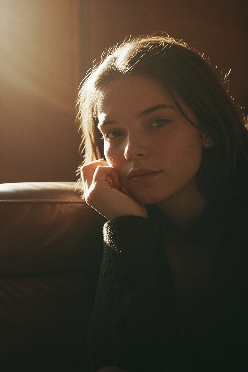 A moody interior portrait photograph of a young woman reclining on a brown leather couch. Natural sunlight streams in from...