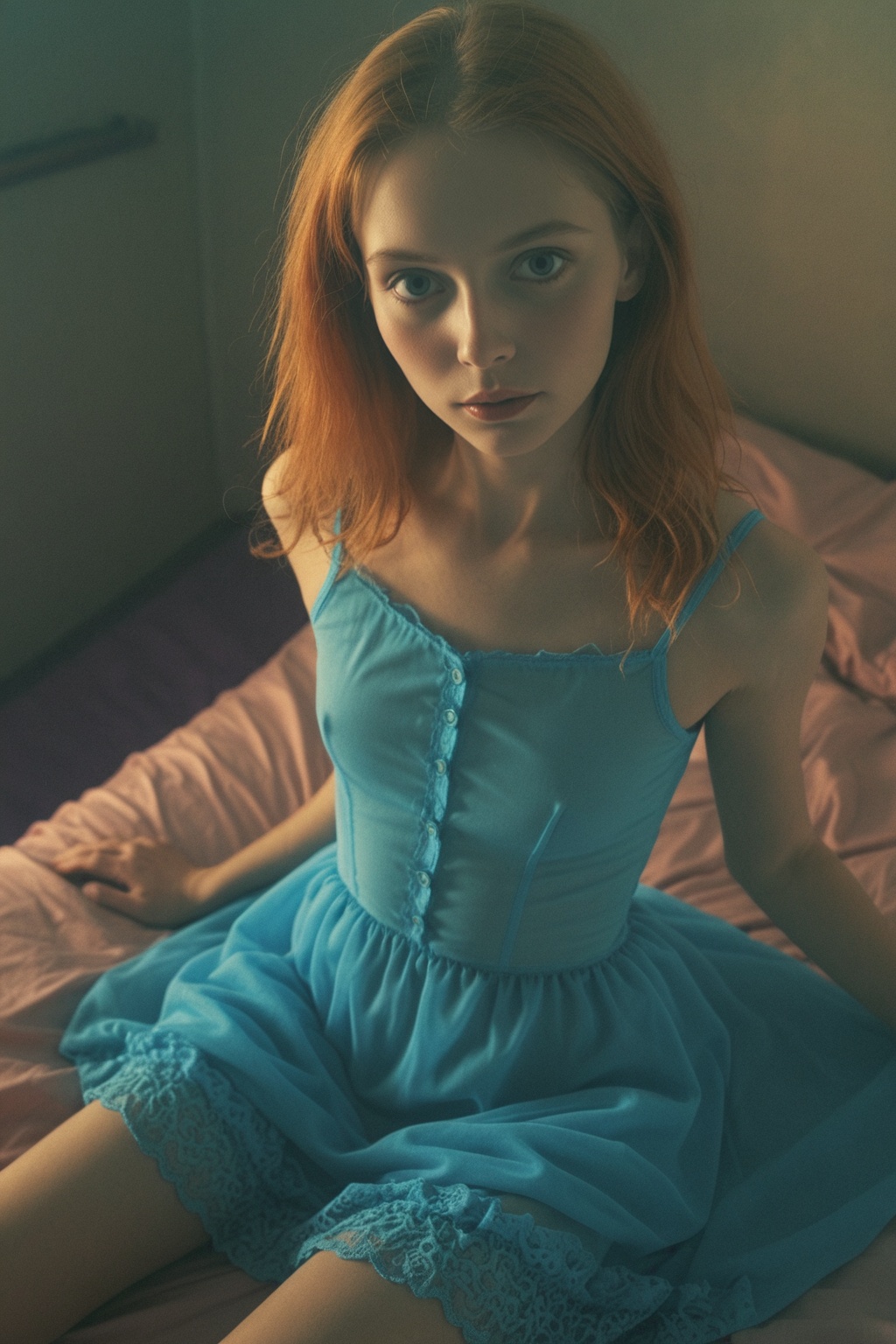 cute slim ginger in clothes on her bed,  (closeup),  80s on Tensor.Art