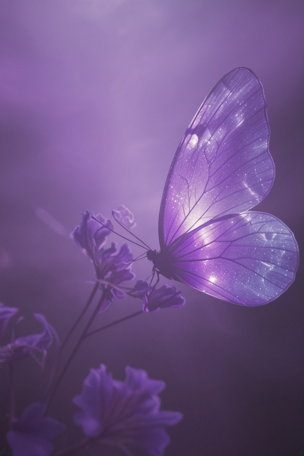 macro shot of a glowing enchanted butterfly resting on a vibrant purple flower,  ethereal light,  highly detailed wings on...