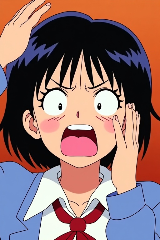 A 90s anime character bursts with exaggerated emotion,  her face twisted in hilarious frustration. Vibrant colors and bold...