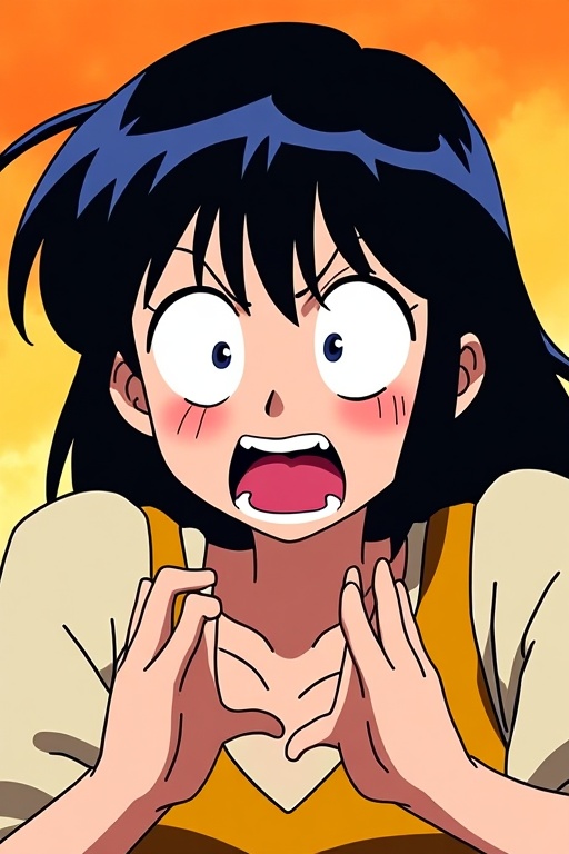 A 90s anime character bursts with exaggerated emotion,  her face twisted in hilarious frustration. Vibrant colors and bold...