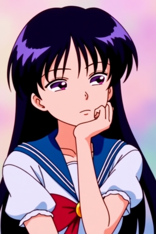 Inspired by the expressions from the Sailor Moon anime,  A girl with long black hair and purple highlights,  A contemplati...