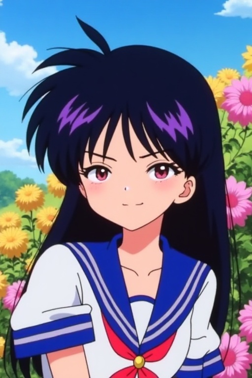 Inspired by the expressions from the Sailor Moon anime,  A girl with long black hair and purple highlights,  wearing a sch...