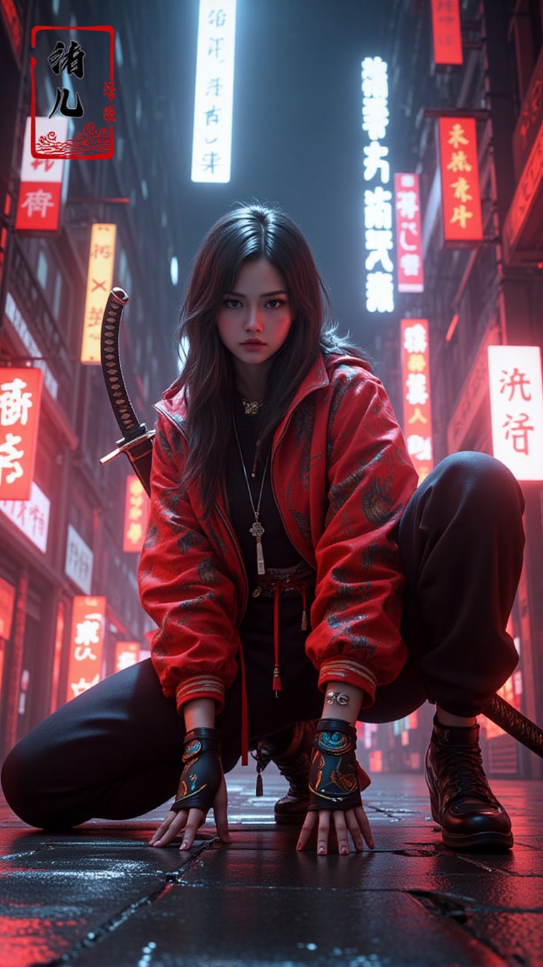 Epic CG masterpiece in cyberpunk style,  featuring a stunningly beautiful Chinese girl. She is crouching on the ground wit...