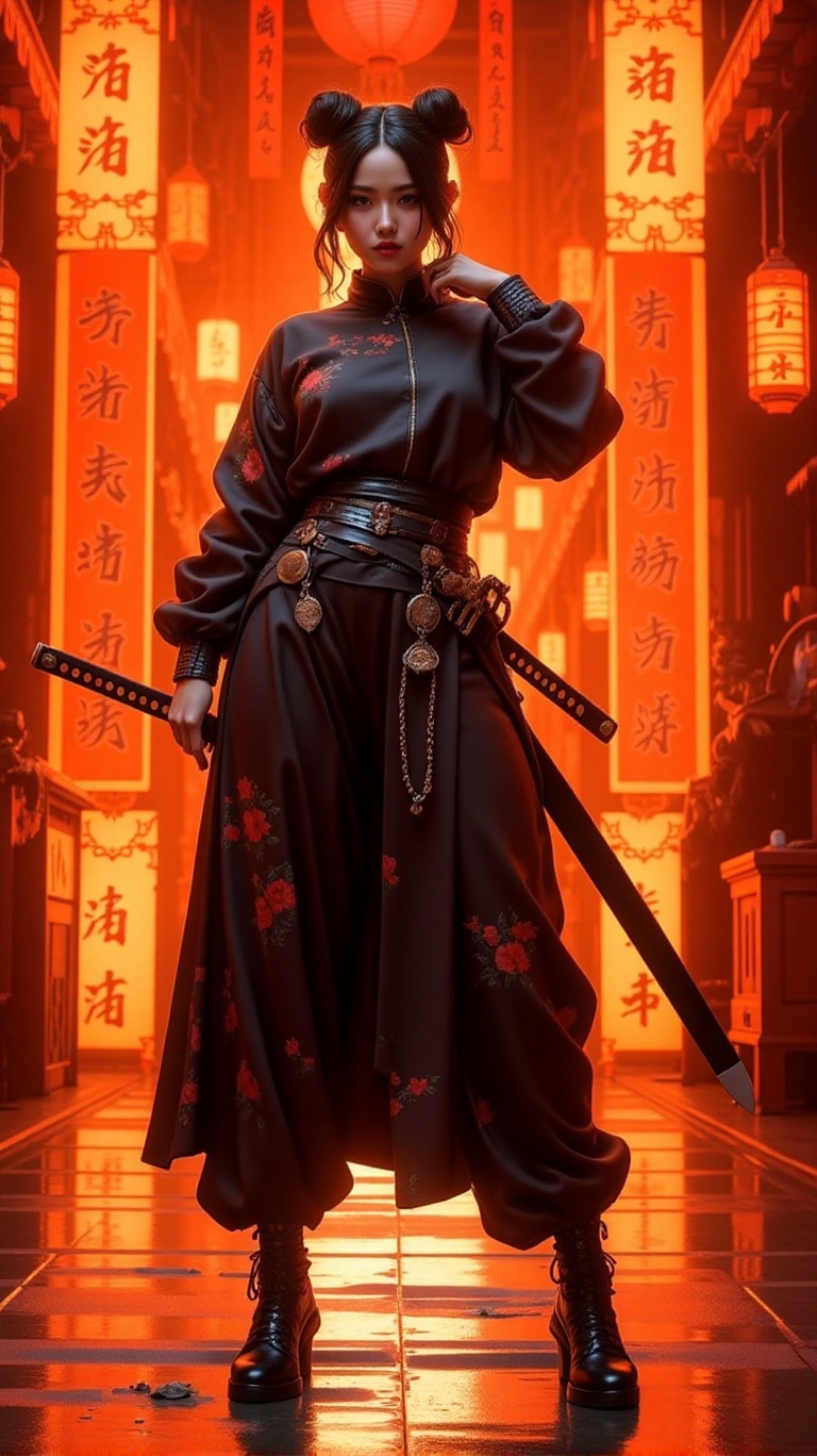 a woman dressed in a balck outfit,  adorned with a belt and black high-heeled boots. She is holding a sword in her right h...