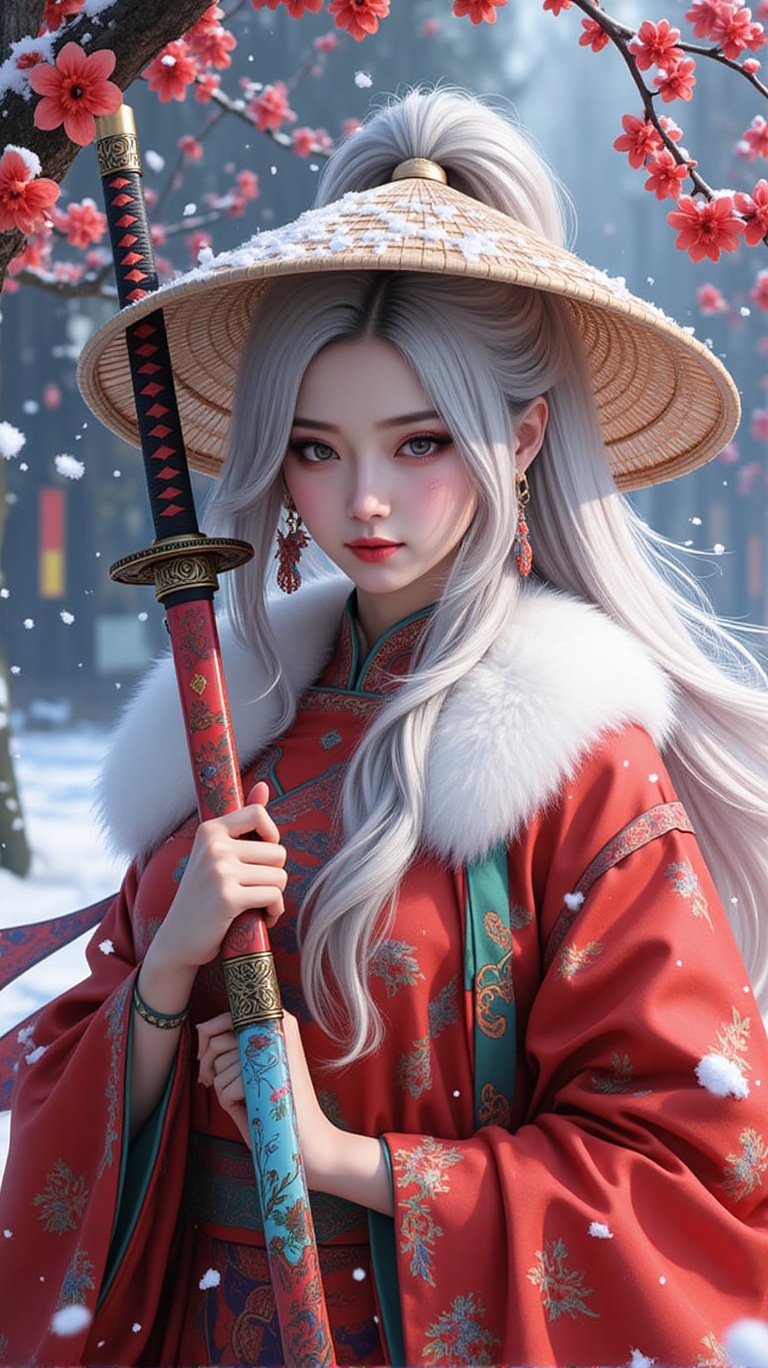 Close-up face shot of an 8k masterpiece with rich details. An ink-painted woman with long white hair in a high ponytail,...