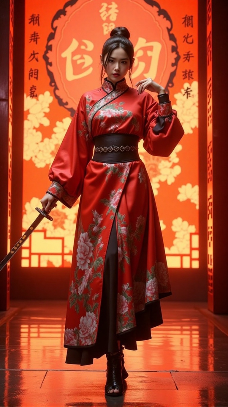 a woman dressed in a kimono-like outfit,  adorned with a black belt and black high-heeled boots. She is holding a sword in...