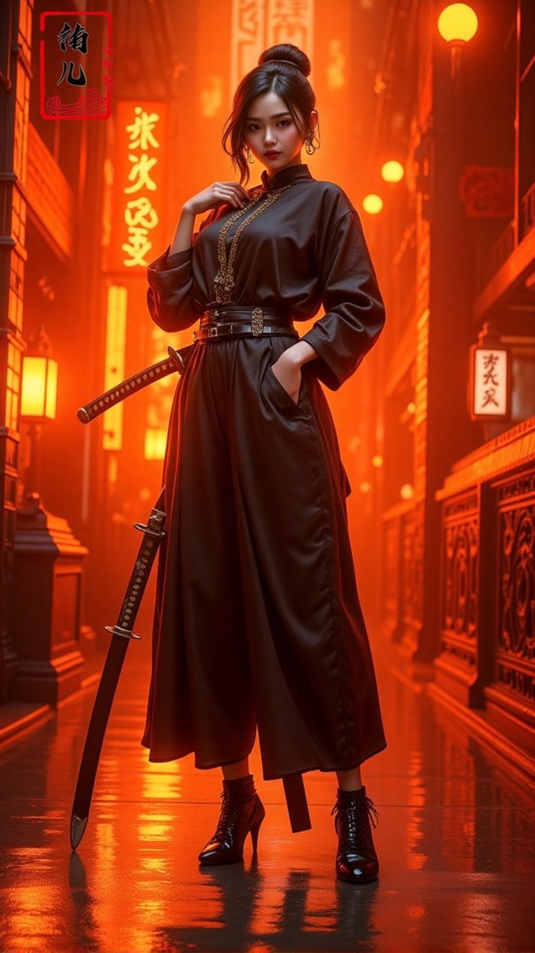A woman in a black outfit,  adorned with a belt and black high-heeled boots,  stands with her right hand holding a sword a...