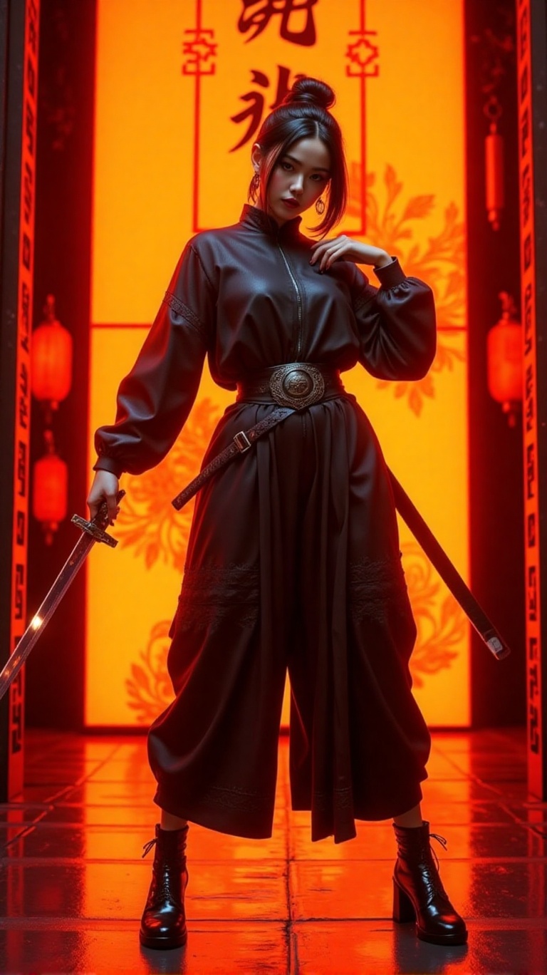 A woman in a black outfit,  adorned with a belt and black high-heeled boots,  stands with her right hand holding a sword a...