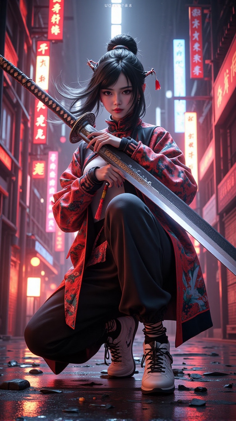 Epic CG masterpiece: A stunningly beautiful cyberpunk-style Chinese girl,  holding a samurai sword. She wears tech and chi...
