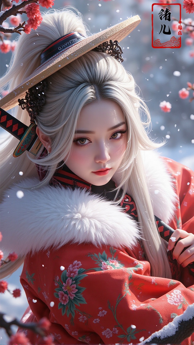 Close-up face shot of an 8k masterpiece with rich details. An ink-painted woman with long white hair in a high ponytail,...