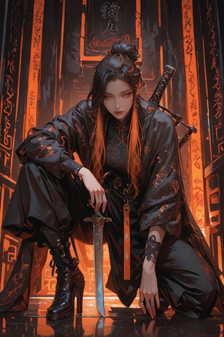 A woman in a black outfit,  adorned with a belt and black high-heeled boots,  stands with her right hand holding a sword a...