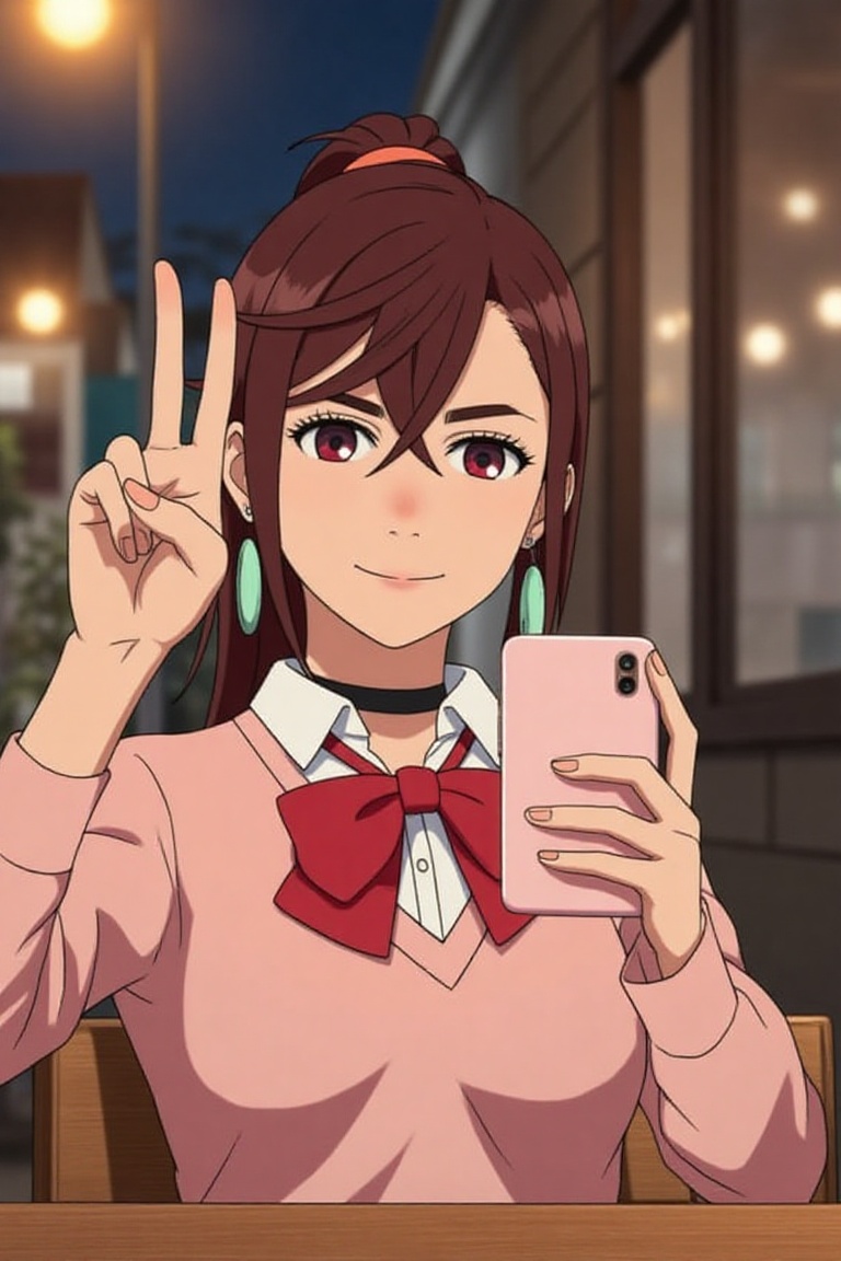 Close up of Ayase Momo taking a selfie with iPhone,  choker,  earrings on Tensor.Art