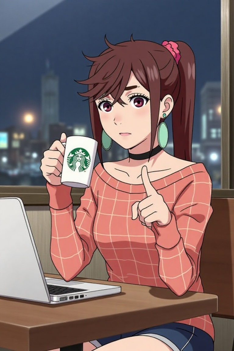 ayase momo sitting in Starbucks at night,  holding a big coffee mug with green logo,  Apple Macbook on table on Tensor.Art
