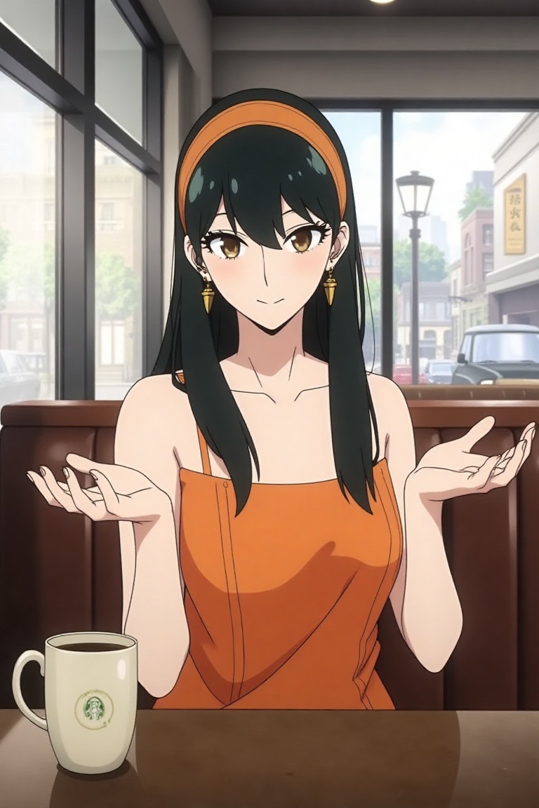 Yor Forger,  spy x family,  sitting in Starbucks on Tensor.Art