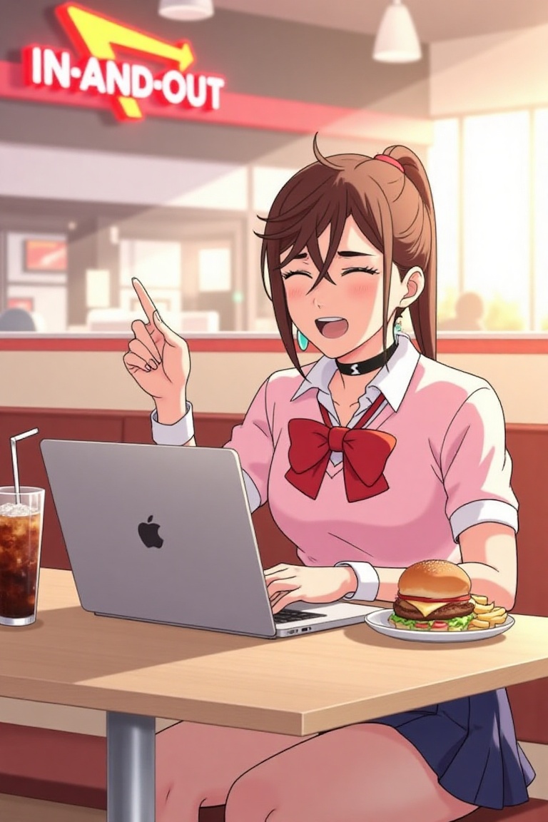 ayase momo sitting at a table in In-and-Out Burger restaurant,  open mouth,  a sleek Apple MacBook on table on Tensor.Art