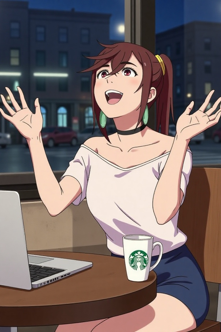 ayase momo sitting in Starbucks at night,  a coffee mug with logo on table,  Apple Macbook on table on Tensor.Art