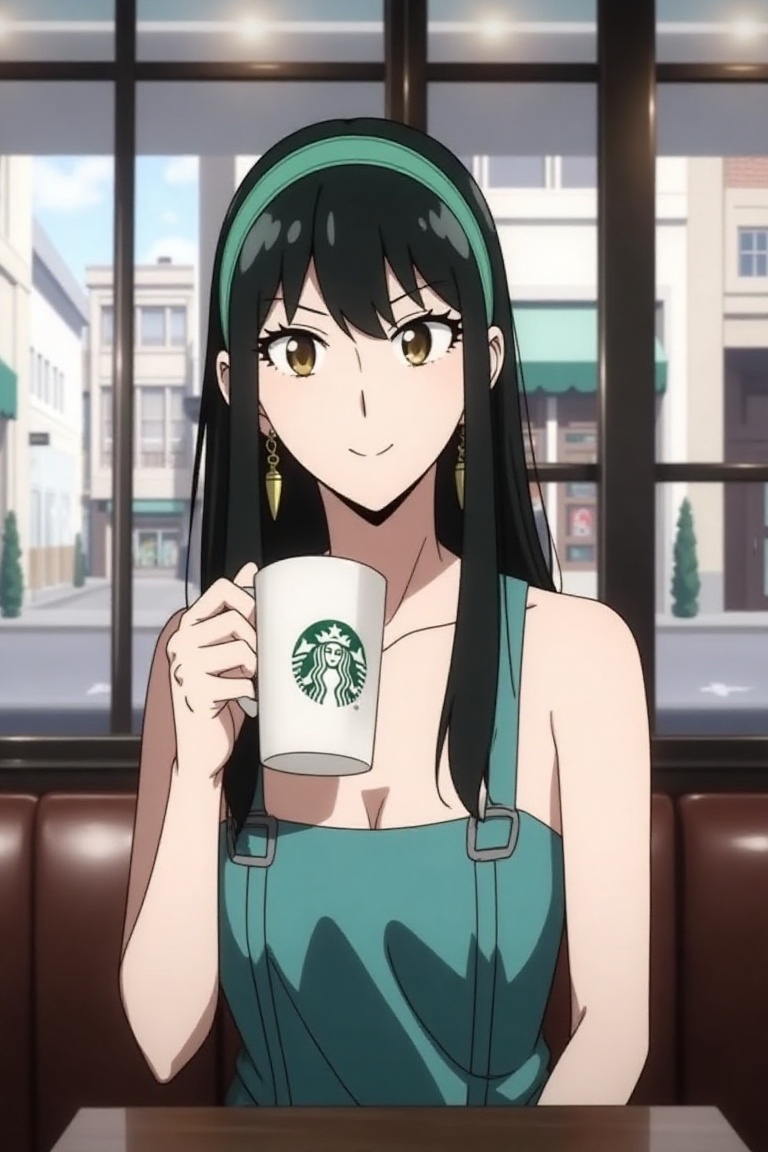 Yor Forger,  spy x family,  sitting in Starbucks on Tensor.Art