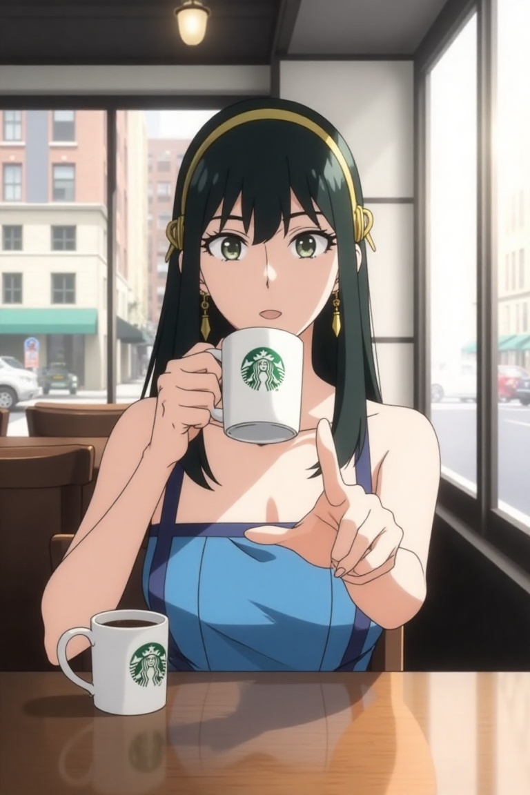 Yor Forger,  spy x family,  sitting in Starbucks on Tensor.Art