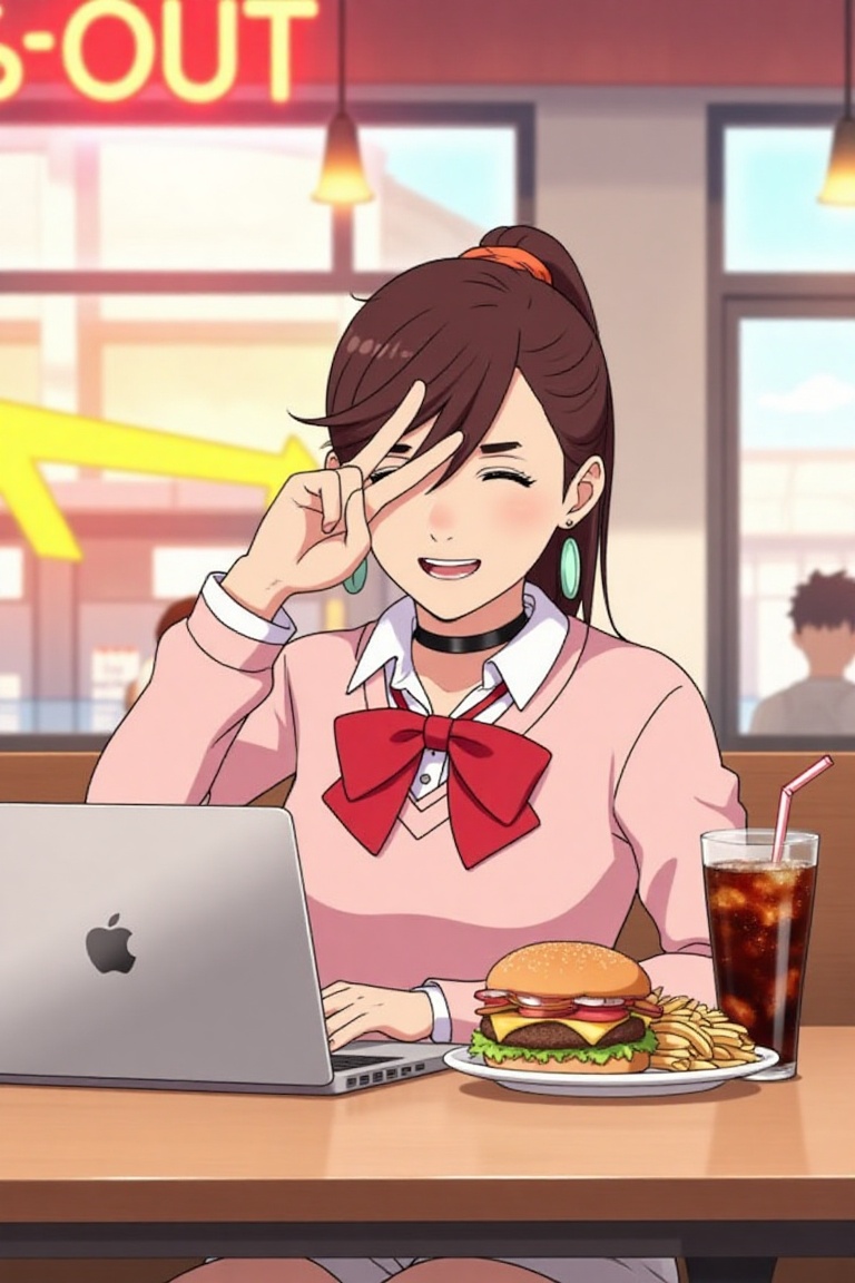 ayase momo sitting at a table in In-and-Out Burger restaurant,  a sleek Apple MacBook on table,  a hamburger and french fr...