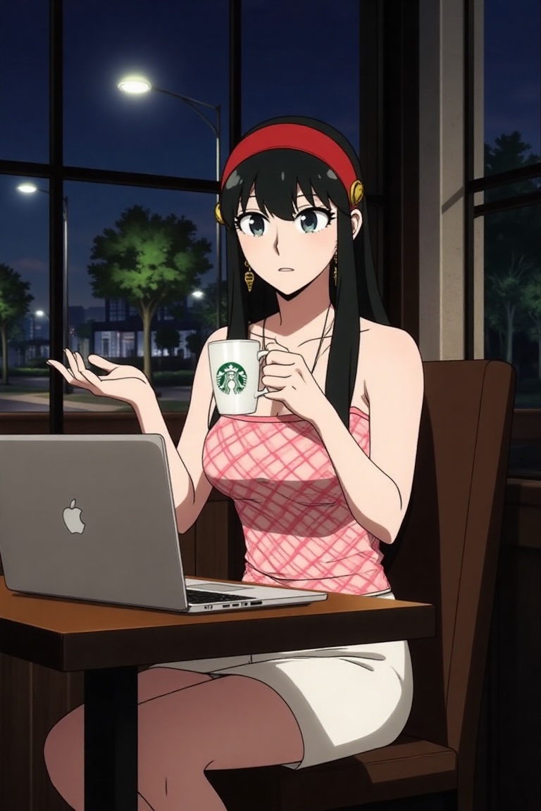 Yor Forger,  spy x family,  sitting in Starbucks at night on Tensor.Art