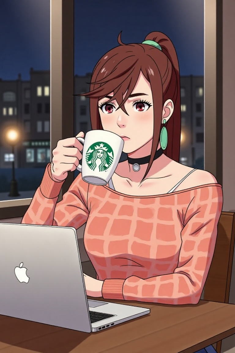 ayase momo sitting in Starbucks at night,  ((two hands holding a big coffee mug with green logo)),  expressive eyes on Ten...