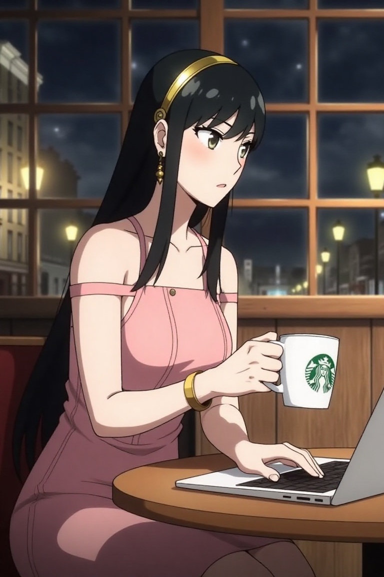 Yor Forger,  spy x family,  sitting in Starbucks at night on Tensor.Art
