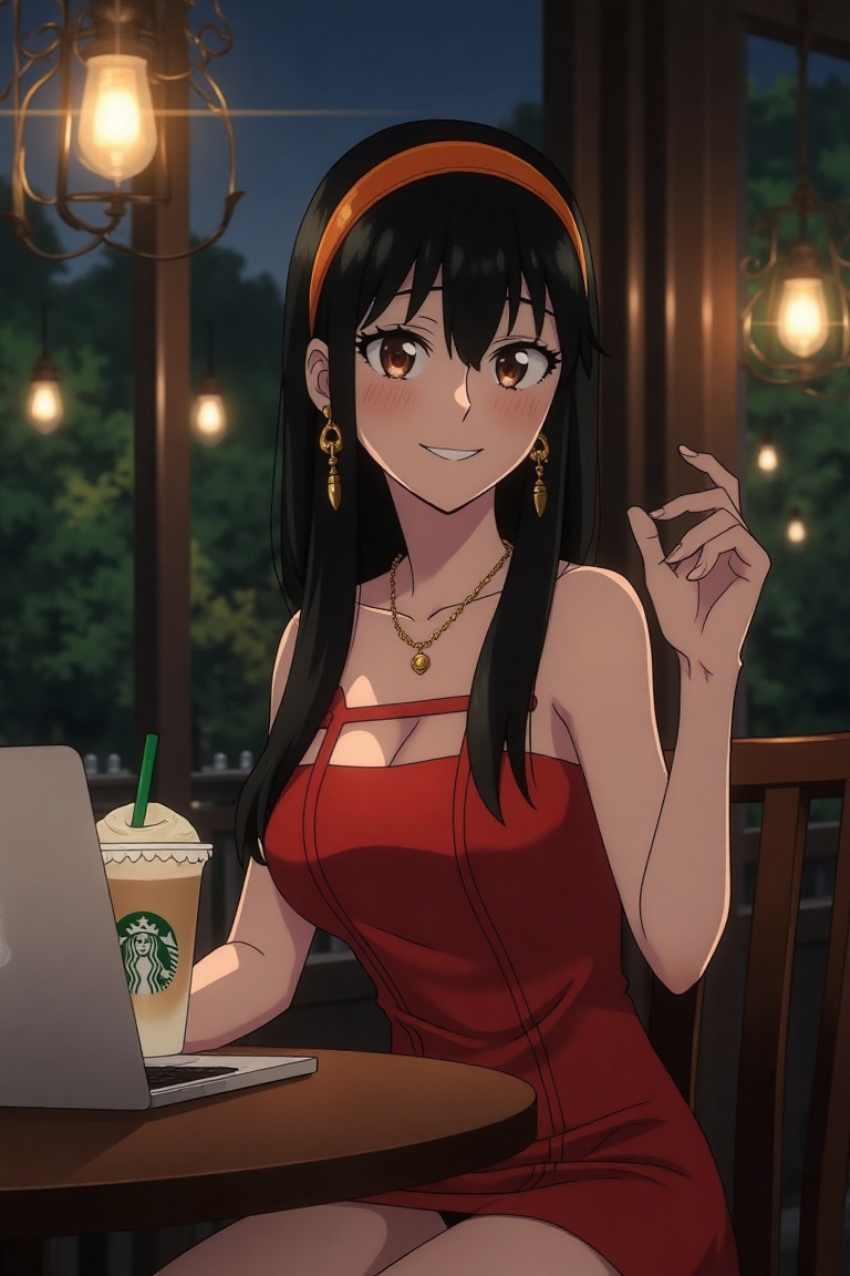 Yor Forger from spy x family,  long black hair with hair ornaments,  orange headband on Tensor.Art