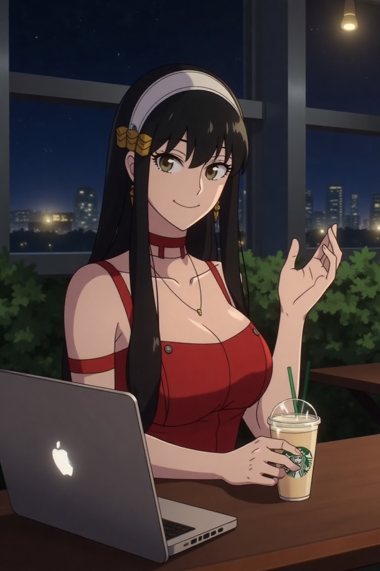 Yor Forger from spy x family,  long black hair with hair ornaments,  white headband on Tensor.Art