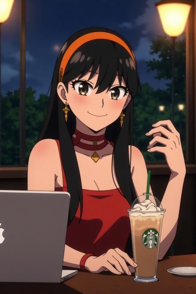 Yor Forger from spy x family,  long black hair with hair ornaments,  orange headband on Tensor.Art