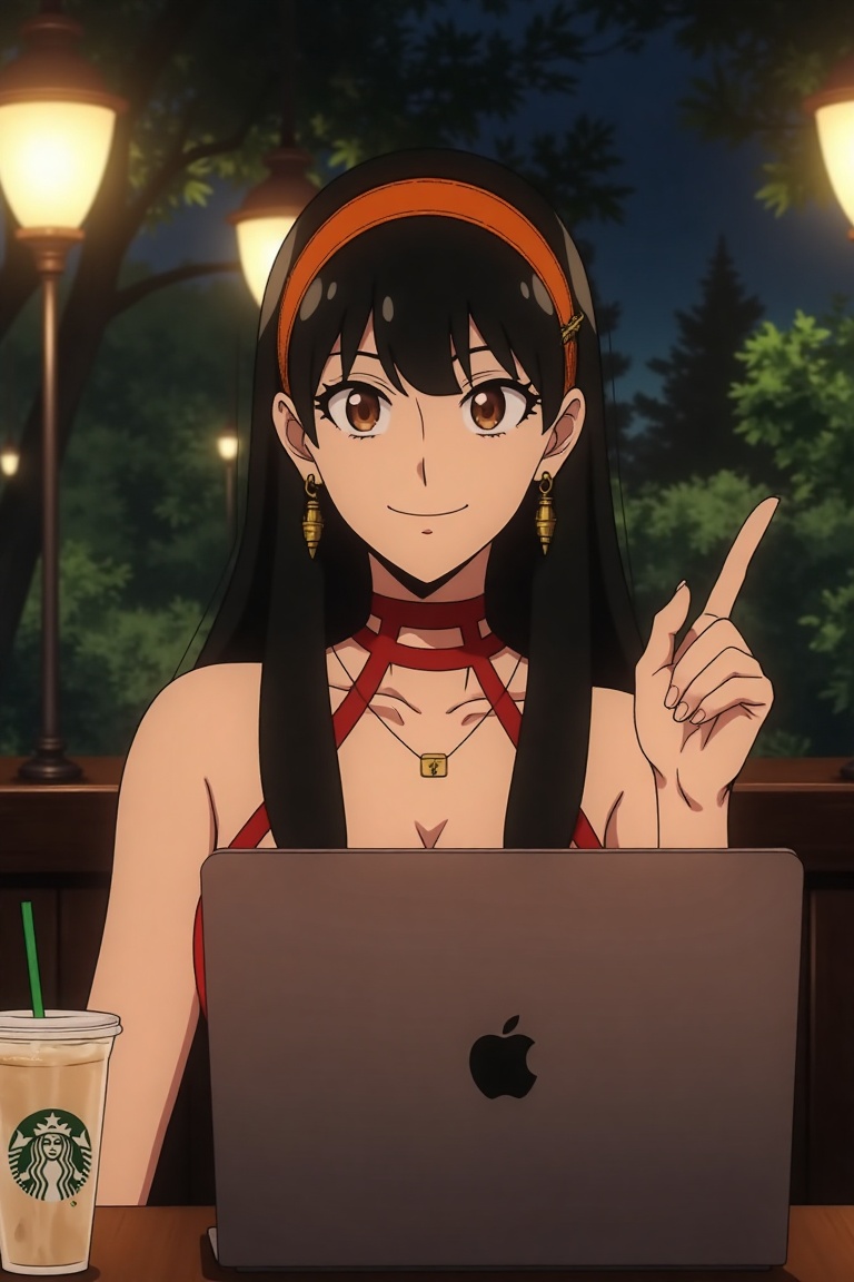 Yor Forger from spy x family,  long black hair with hair ornaments,  orange headband on Tensor.Art