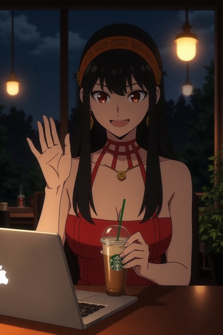 Yor Forger from spy x family,  long black hair with hair ornaments,  orange headband on Tensor.Art